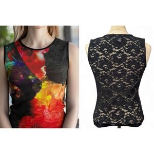 VTG Y2K Brenda's M Black Red Lace Abstract Print Tank Top Phoebe Rhinestone Goth